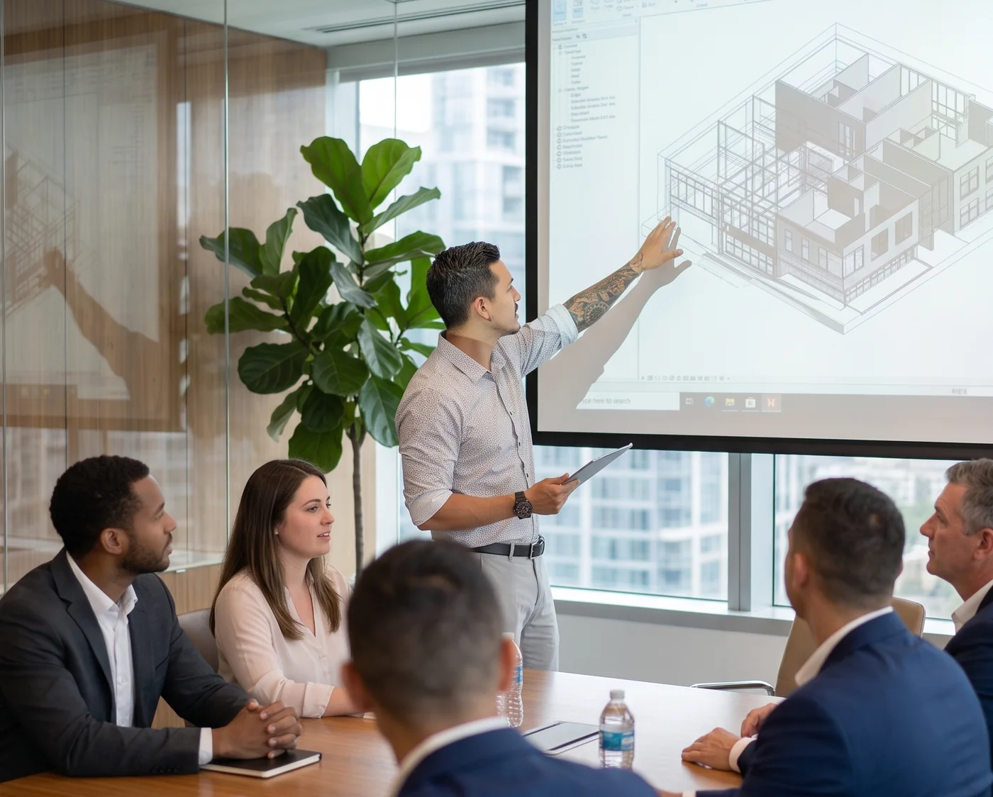 Sesión de trabajo con el equipo del cliente revisando el modelo.