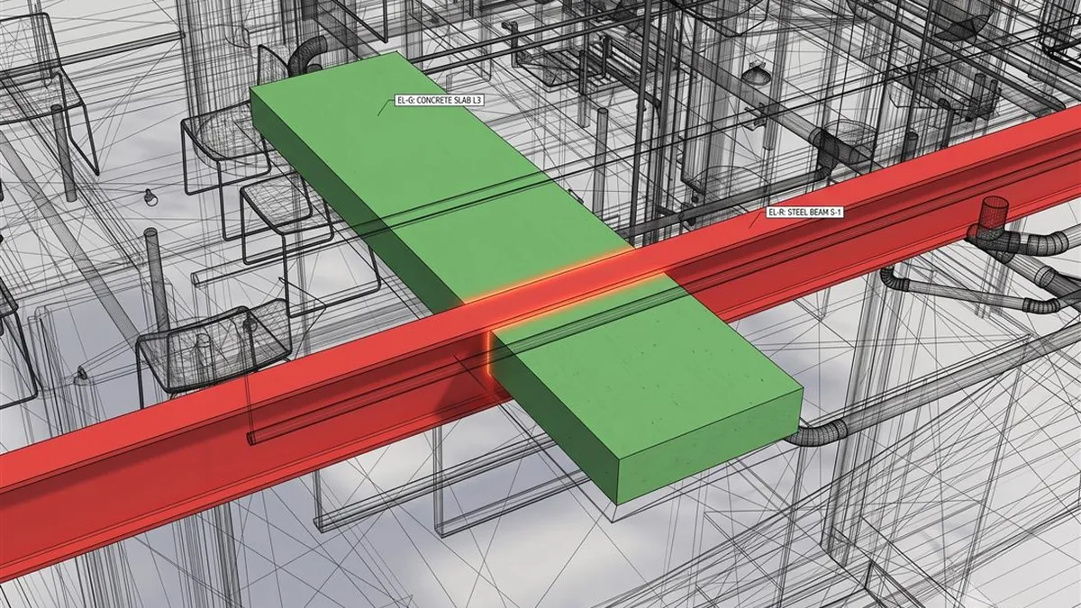 Interferencia detectada entre una viga estructural y un ducto en el modelo federado.